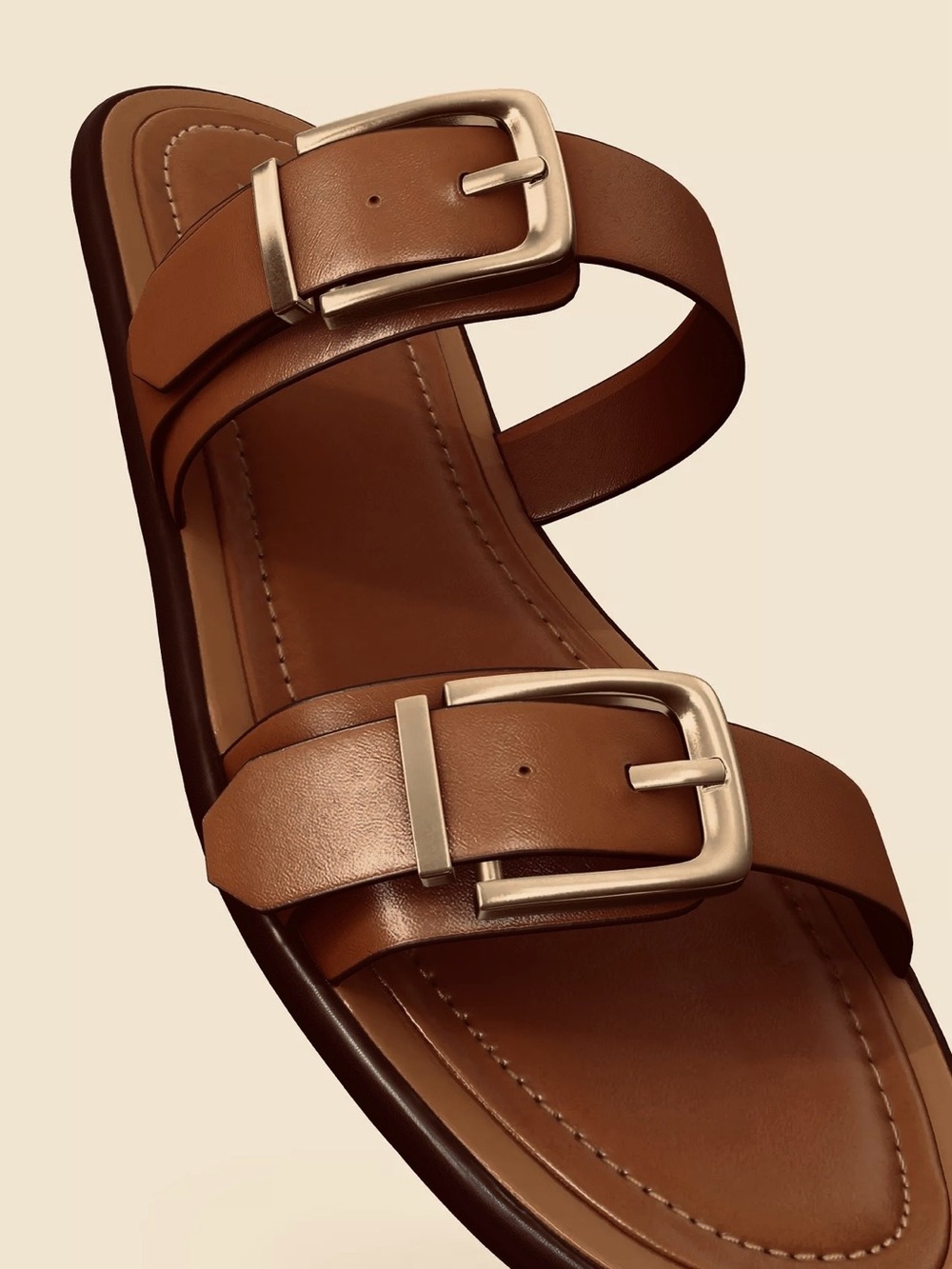 ZARA Brown Leather Buckle Slide Sandals Double Strap Size 6.5 NWT